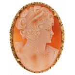 9ct gold cameo shell brooch carved with a maiden head, with a yellow metal safety chain, 4.5cm high,