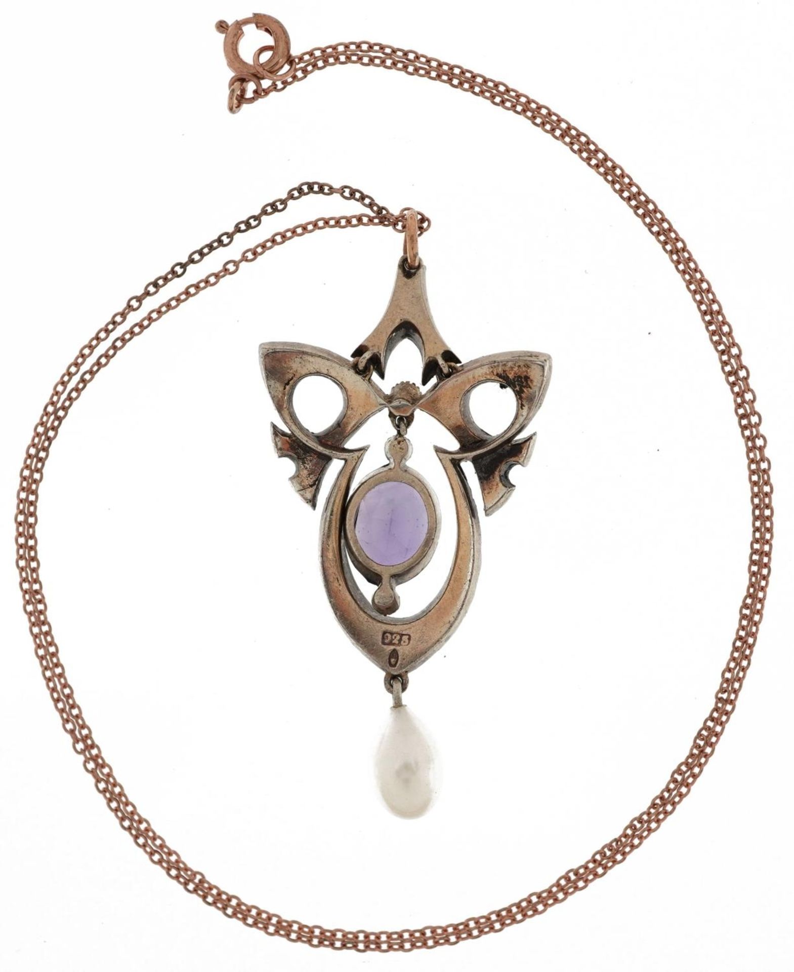 Art Nouveau style silver purple and clear paste openwork pendant with cultured pearl drop on a - Image 3 of 4