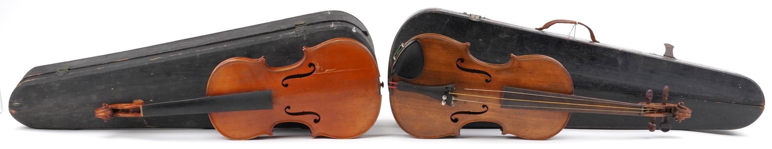 Two wooden violins with green baize lined wooden cases, the violin back 14 inches in length - Image 2 of 7