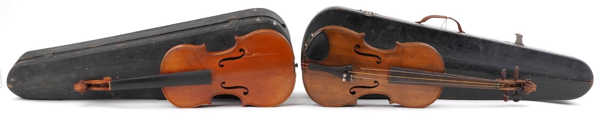 Two wooden violins with green baize lined wooden cases, the violin back 14 inches in length - Image 2 of 7