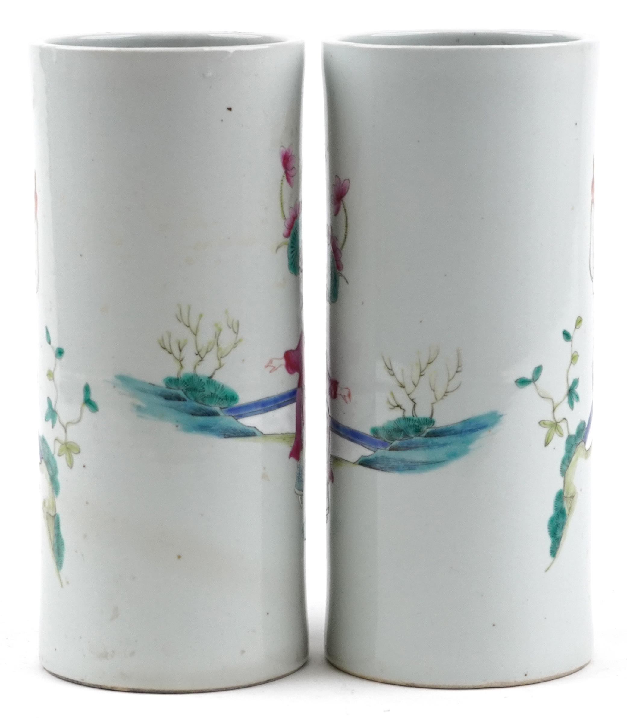 Pair of Chinese porcelain cylindrical vases hand painted in the famille rose palette with a family - Image 3 of 6