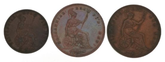 Victorian Young Head copper coinage comprising two pennies dates 1855 and 1857 and 1852 half penny