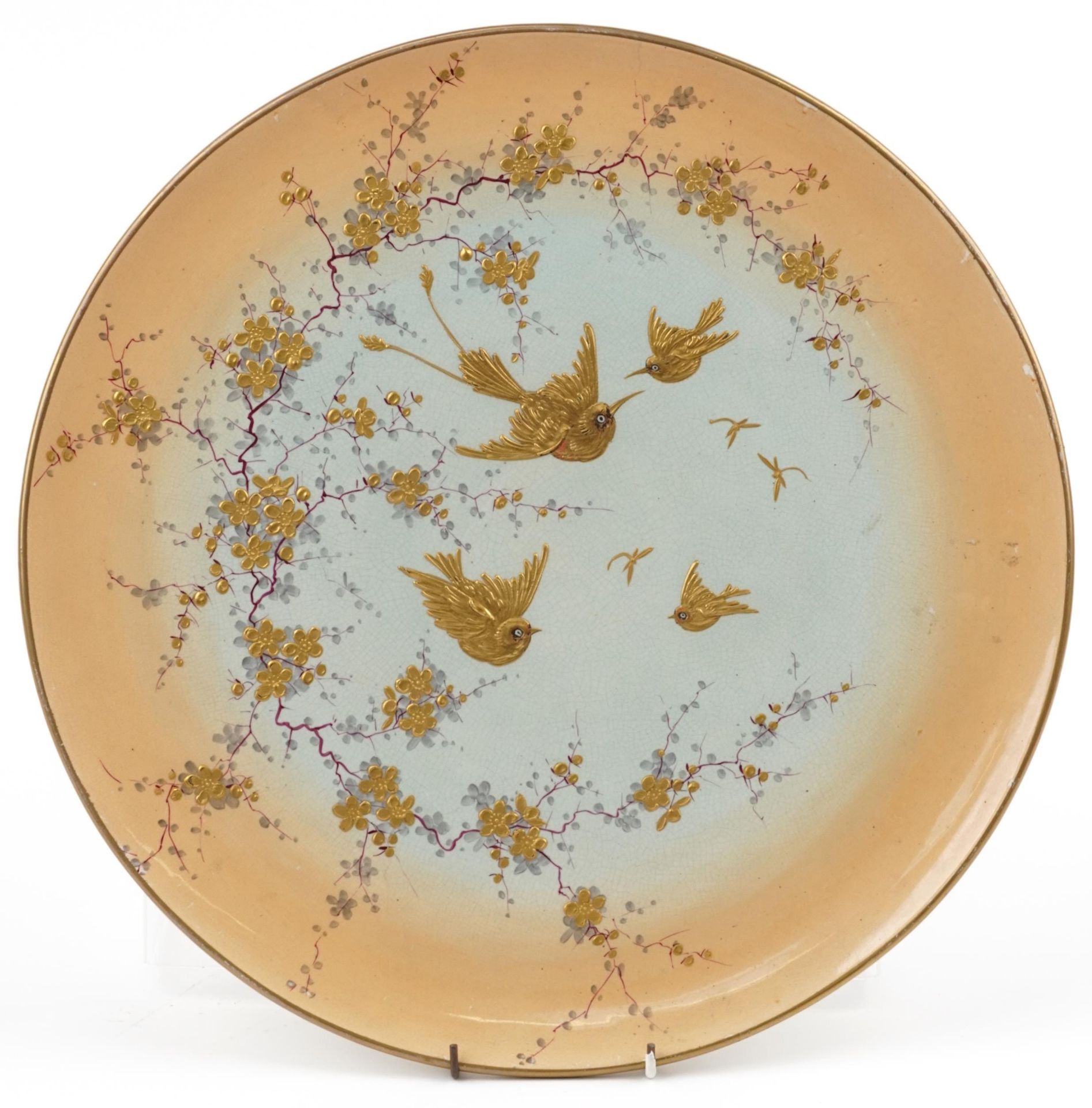 Victorian aesthetic wall charger gilded with birds amongst flowers, 42cm in diameter