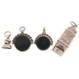 Antique and later silver jewellery comprising two bloodstone and carnelian spinner fobs, garnet