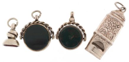 Antique and later silver jewellery comprising two bloodstone and carnelian spinner fobs, garnet
