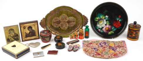 Sundry items including Aspinall of London keyring, orthodox icons and lacquered boxes, the largest