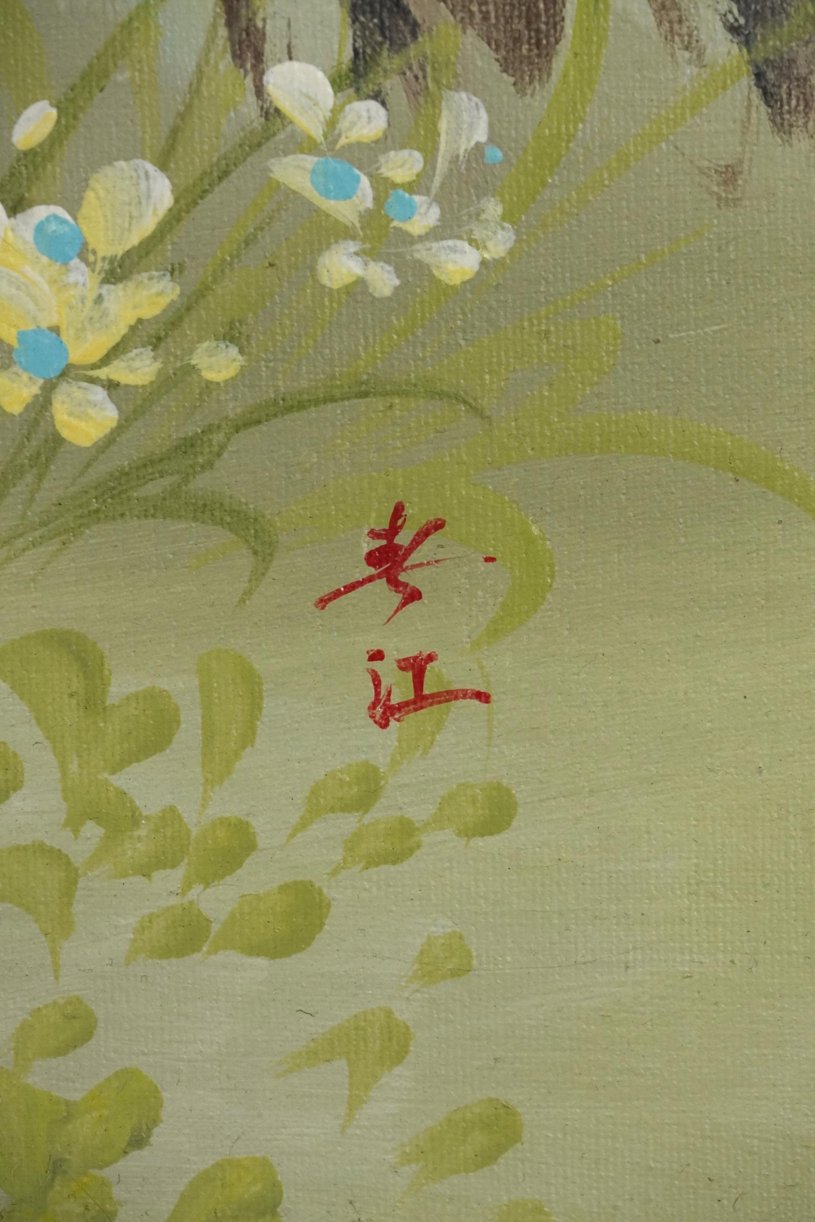 Young females beside flowers before water, two Chinese school oil on canvases, each with - Image 4 of 9