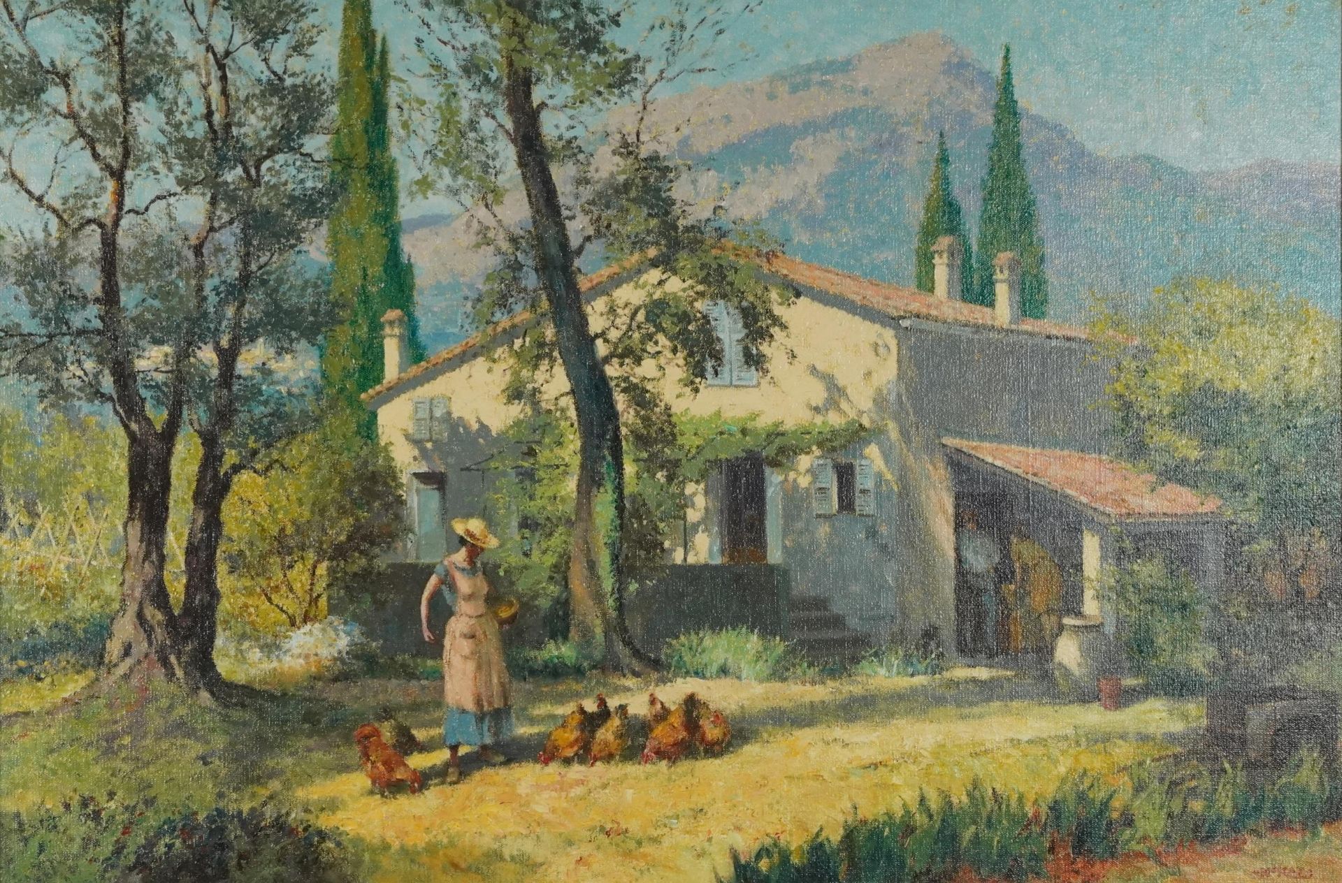 McKay - Continental villa with young female feeding chickens, Impressionist oil on canvas, mounted