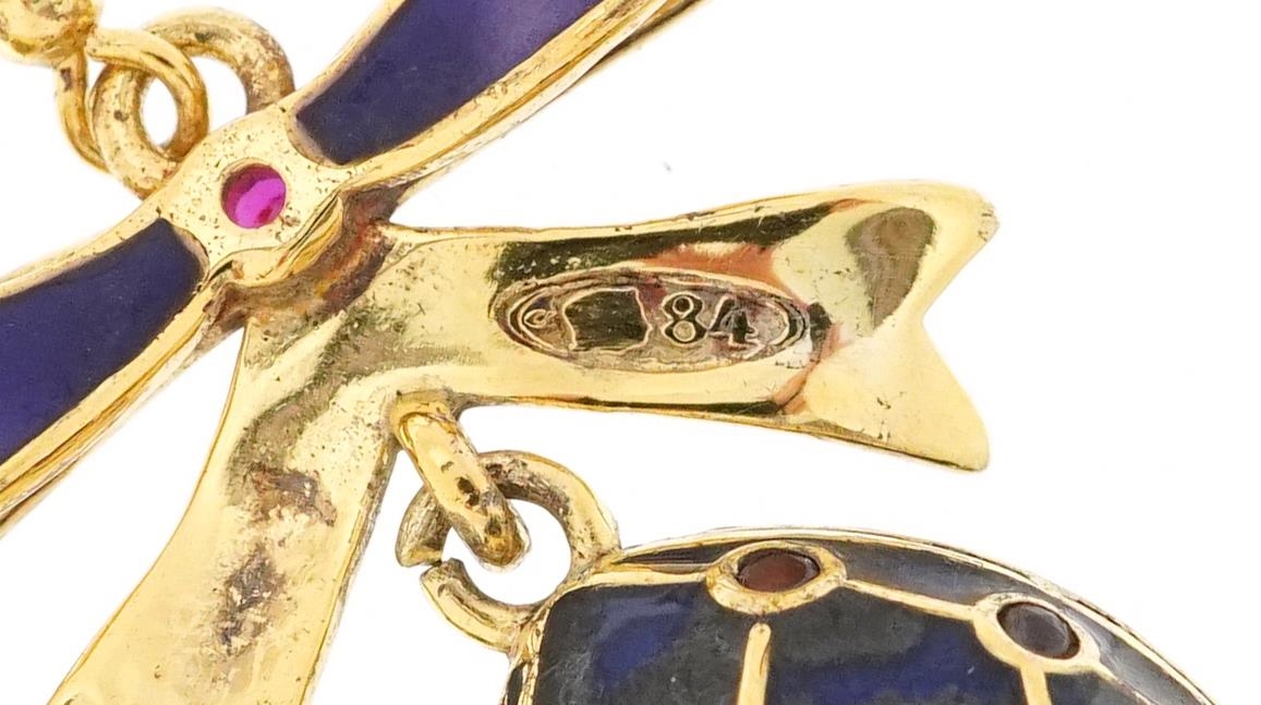 Pair of silver gilt blue enamel and garnet drop earrings in the form of bows with eggs, each set - Image 3 of 3