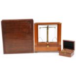 Becker Bros of New York, mahogany cased balance scales with mahogany travel case and set of brass