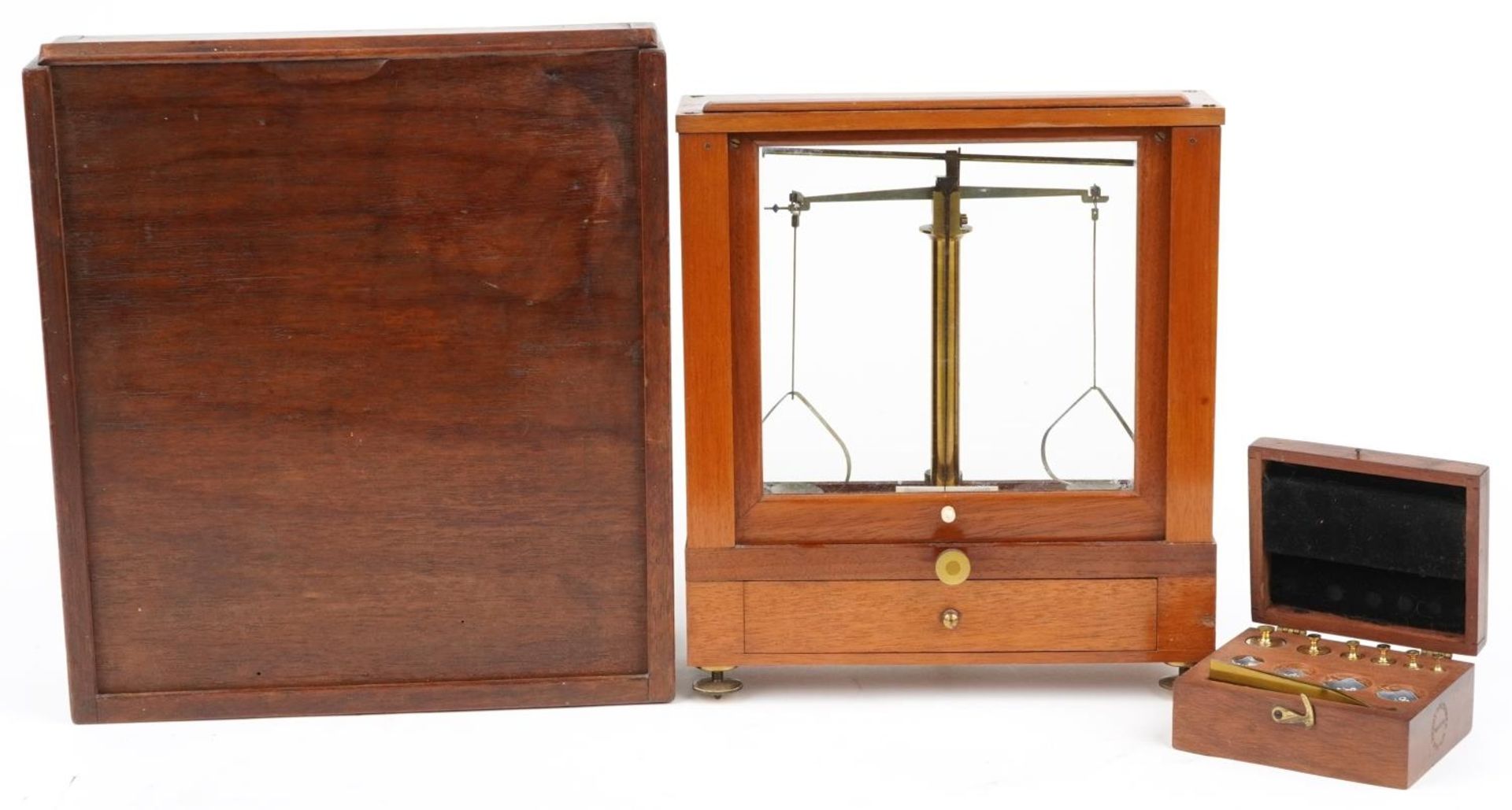 Becker Bros of New York, mahogany cased balance scales with mahogany travel case and set of brass
