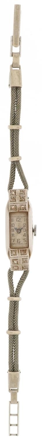 Art Deco platinum and diamond ladies manual wind cocktail watch on a white metal strap having Arabic - Image 2 of 6
