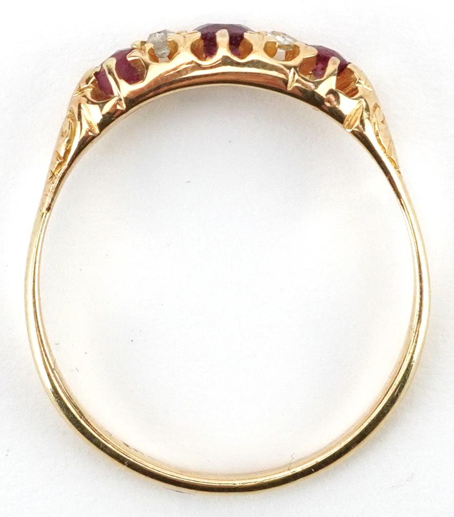 Antique 18ct gold graduated ruby and diamond five stone ring with pierced setting, the largest - Image 3 of 4