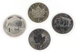 Three Canadian one ounce fine silver five dollars and a 2008 New Zealand Haast Tokoeka one dollar