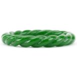 Chinese green jade rope twist bangle, 8cm in diameter, 47.0g