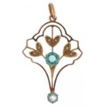 Edwardian 9ct gold blue stone and seed pearl openwork pendant, 3.2cm high, 1.0g