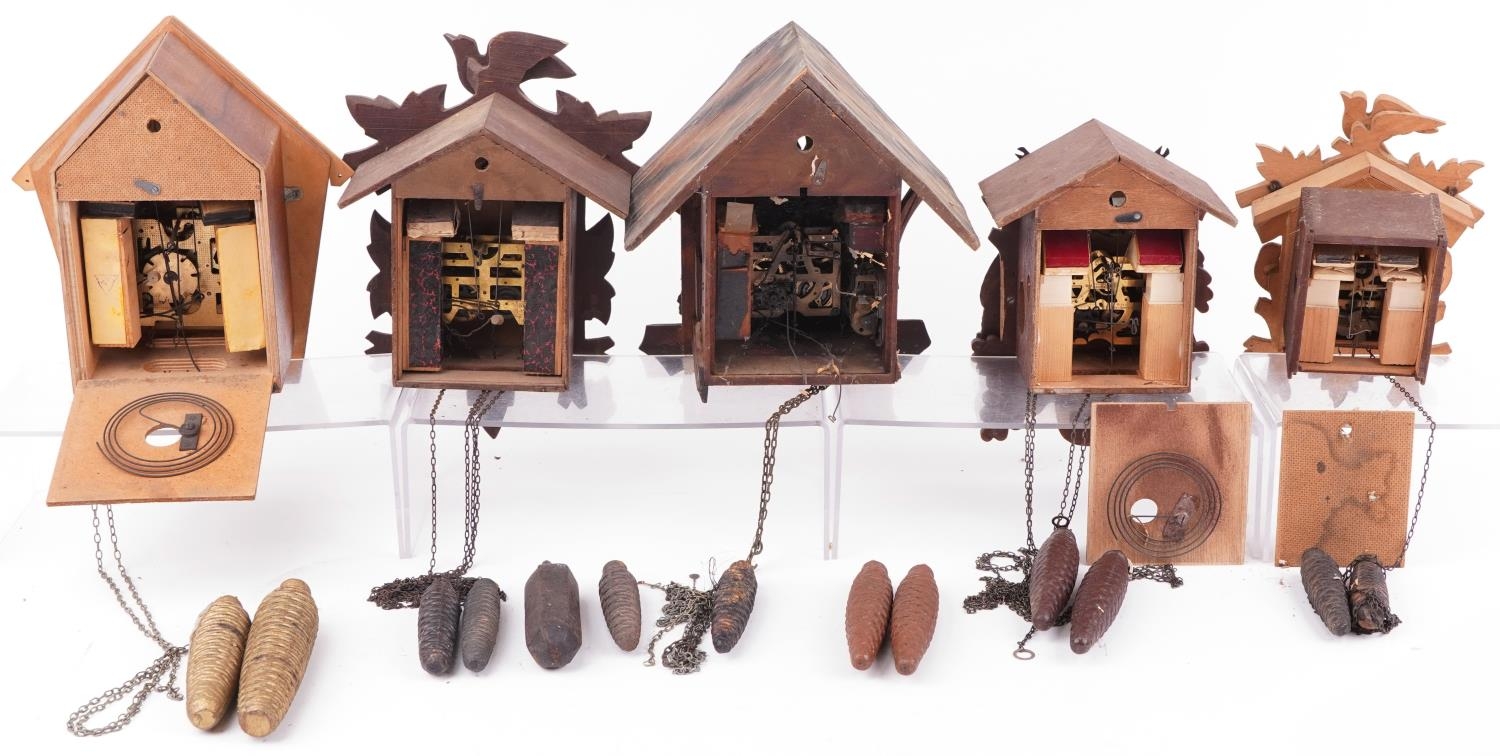 Four German carved Black Forest cuckoo clocks and a Russian USSR example by Veaga, the largest - Image 8 of 10
