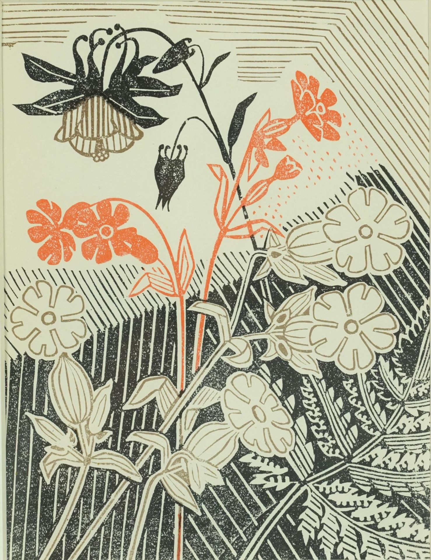 Edward Bawden - Campions and Columbine, linocut inscribed Signature 1947 Curwen Press verso,