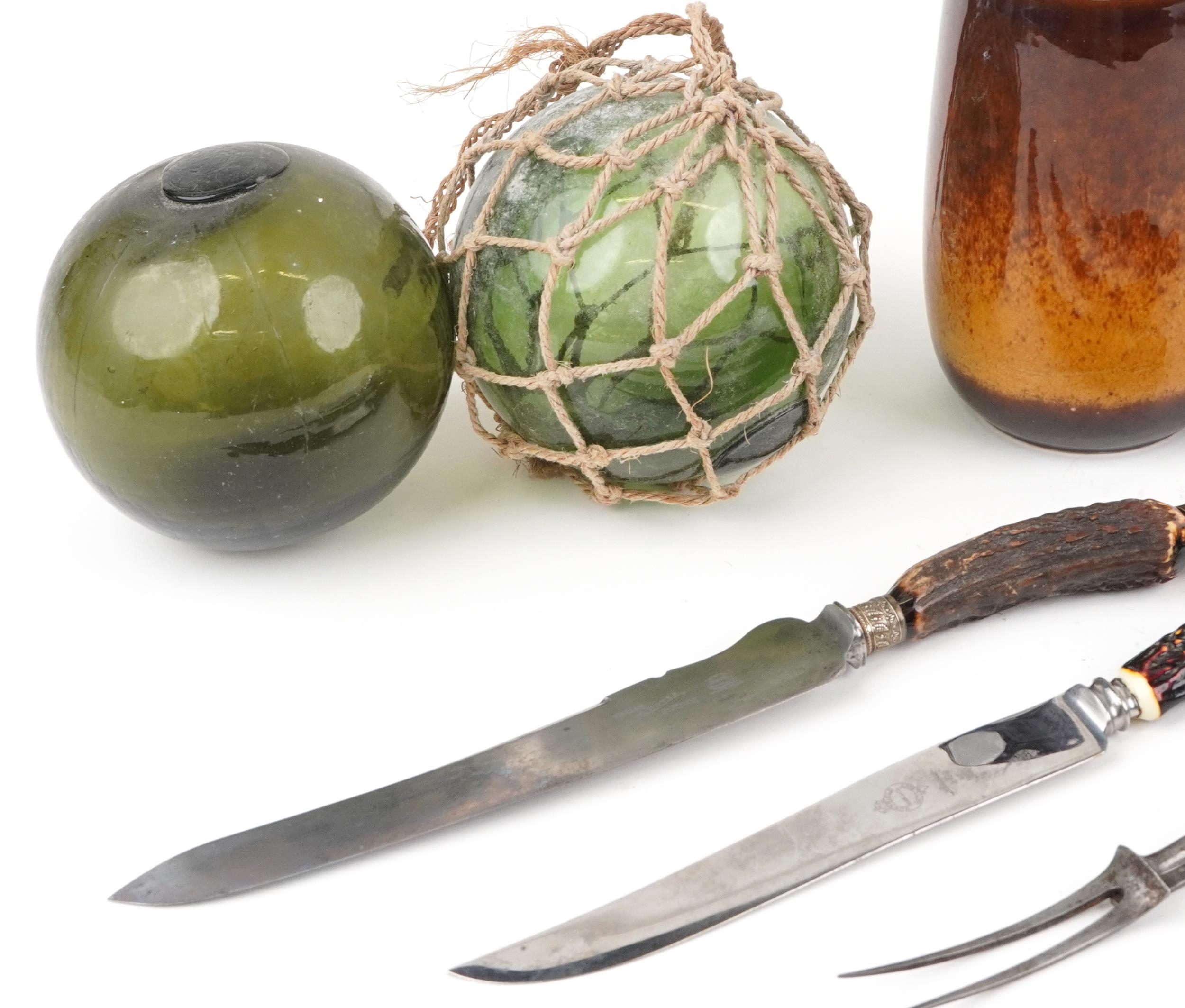 Sundry items including carving knives and two antique green glass floats, the largest 45cm in length - Image 2 of 4