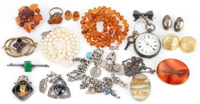 Antique and later jewellery and a ladies silver pocket watch including silver and natural amber
