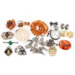 Antique and later jewellery and a ladies silver pocket watch including silver and natural amber