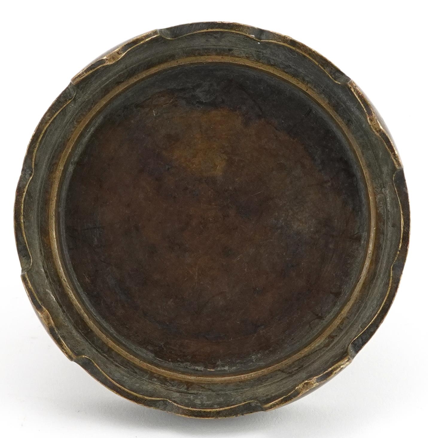 Chinese patinated bronze four footed censer stand, 9.5cm in diameter - Image 6 of 6