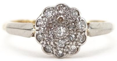 18ct gold and platinum diamond flower head ring, size K/L, 2.2g