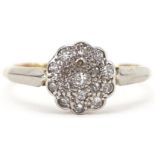 18ct gold and platinum diamond flower head ring, size K/L, 2.2g