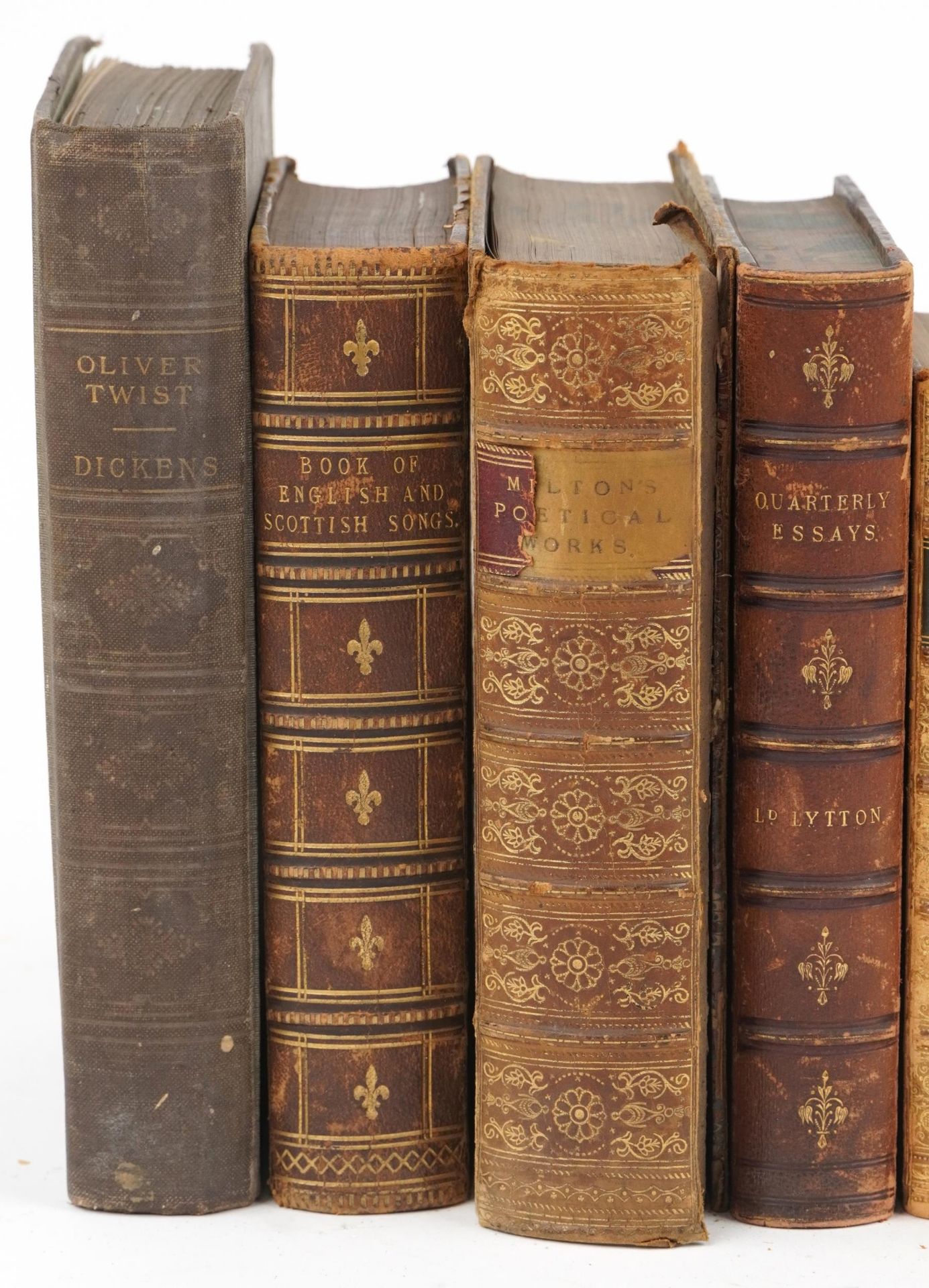 Nine 19th century hardback books comprising Oliver Twist by Charles Dickens, Quarterly Essays, - Image 2 of 3
