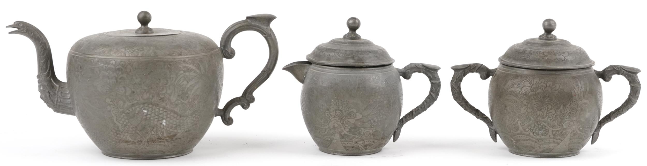 Chinese Swatow Kut Hing pewter three piece tea set comprising teapot, lidded milk jug and lidded - Image 2 of 8