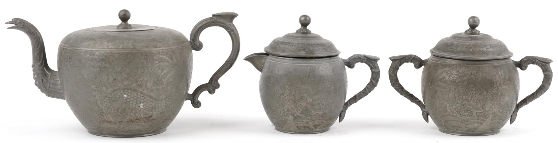 Chinese Swatow Kut Hing pewter three piece tea set comprising teapot, lidded milk jug and lidded - Image 2 of 8