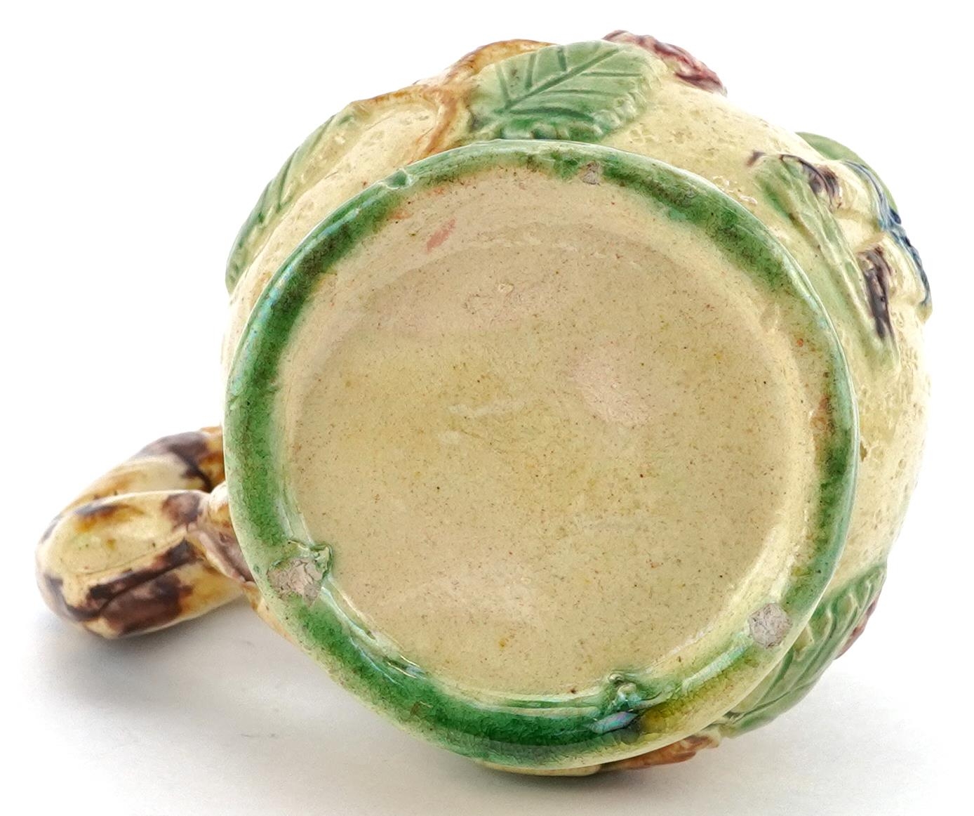 19th century Majolica lidded jug with handle in the form of a Greyhound, decorated in relief with - Image 4 of 5