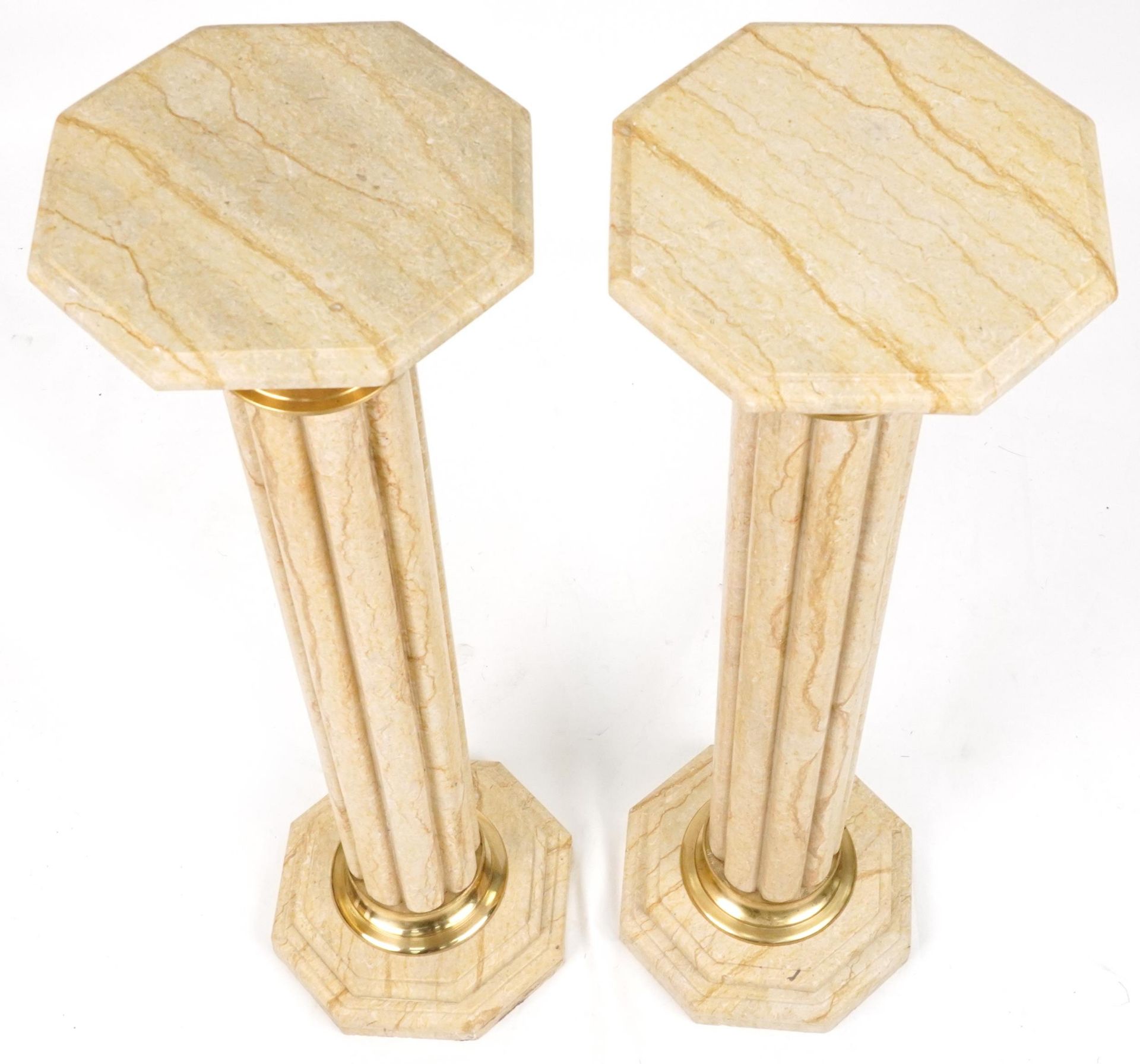 Pair of classical Travertine marble pedestal columns with gilt metal mounts, each 103cm high - Image 2 of 3