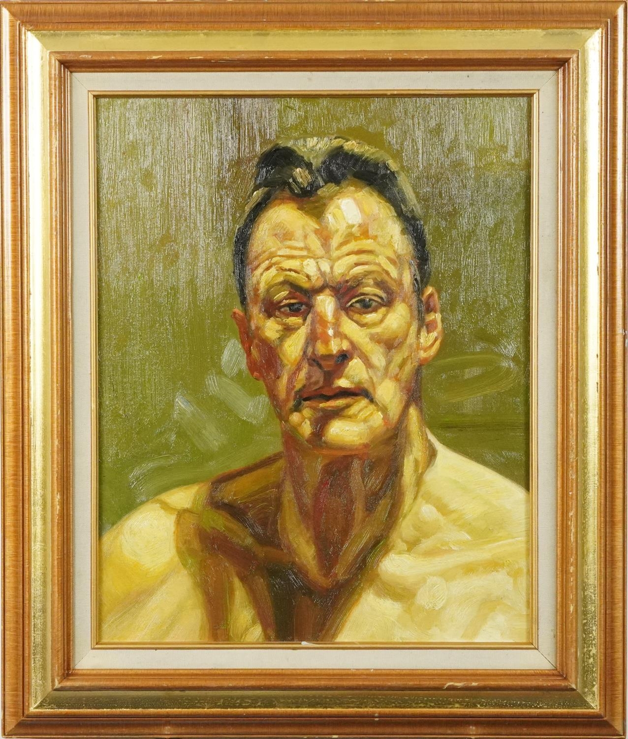Head and shoulders portrait of Lucian Freud, Impressionist oil on board, mounted and framed, 50cm - Image 2 of 3