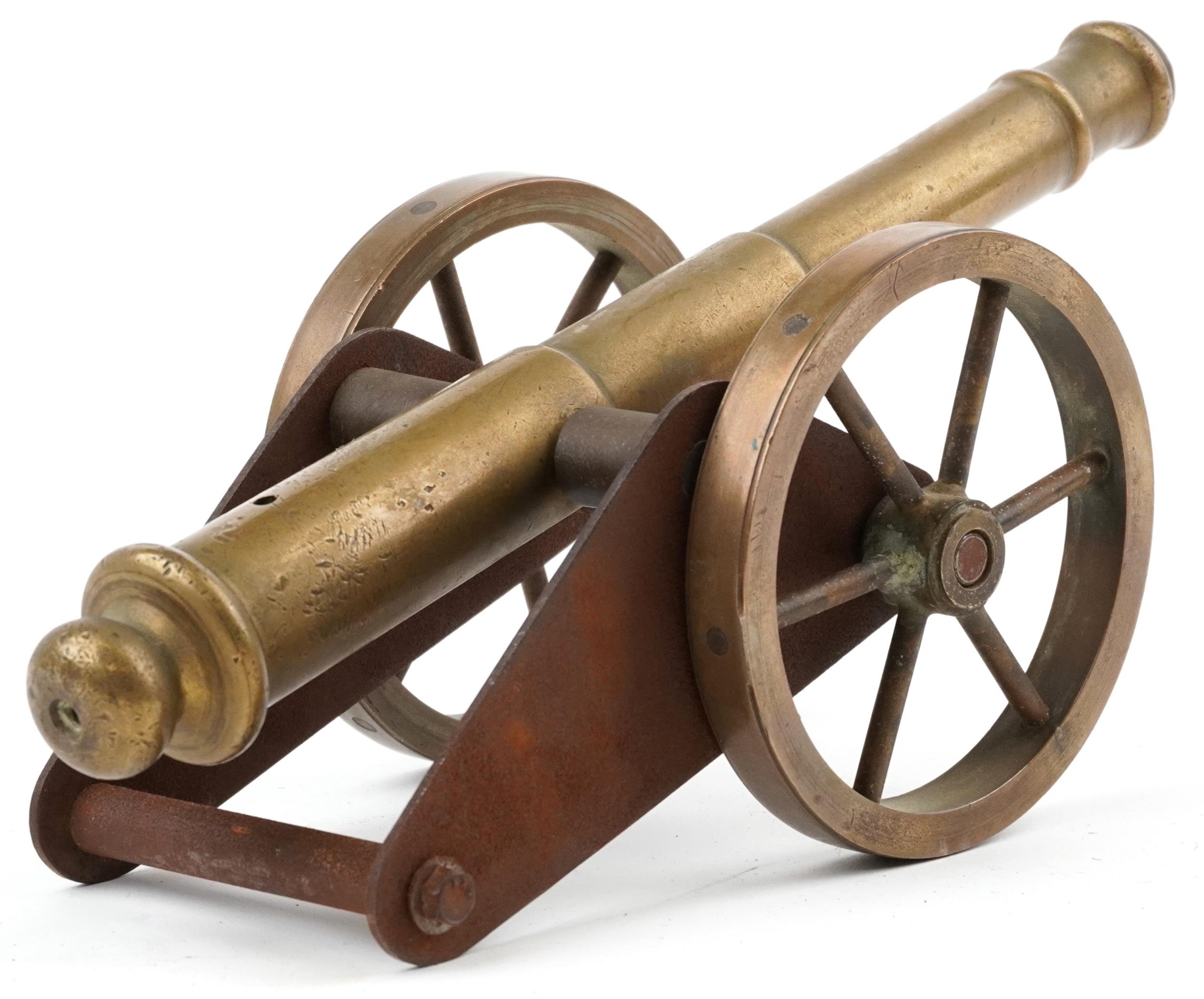 19th century military interest patinated bronze and iron table canon, 26.5cm in length - Image 2 of 3