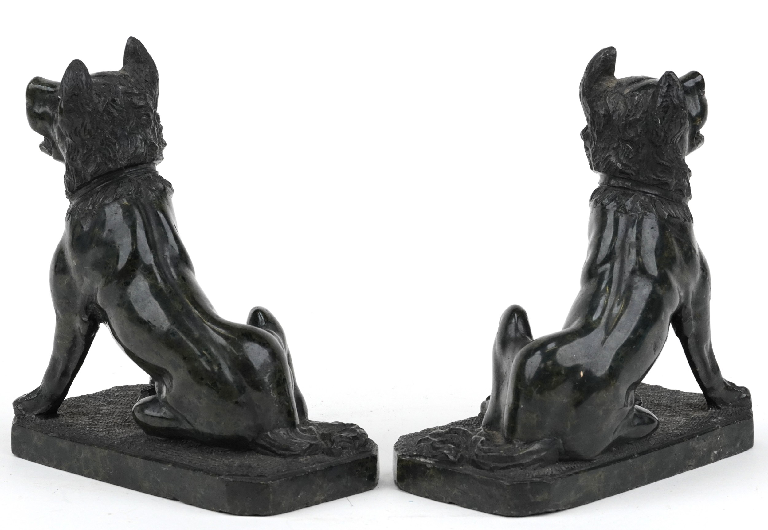 Pair of carved green hardstone sculptures of seated dogs, each 16cm high - Image 2 of 3