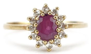 9ct gold ruby and diamond cluster ring, each diamond approximately 1.20mm in diameter, the ruby