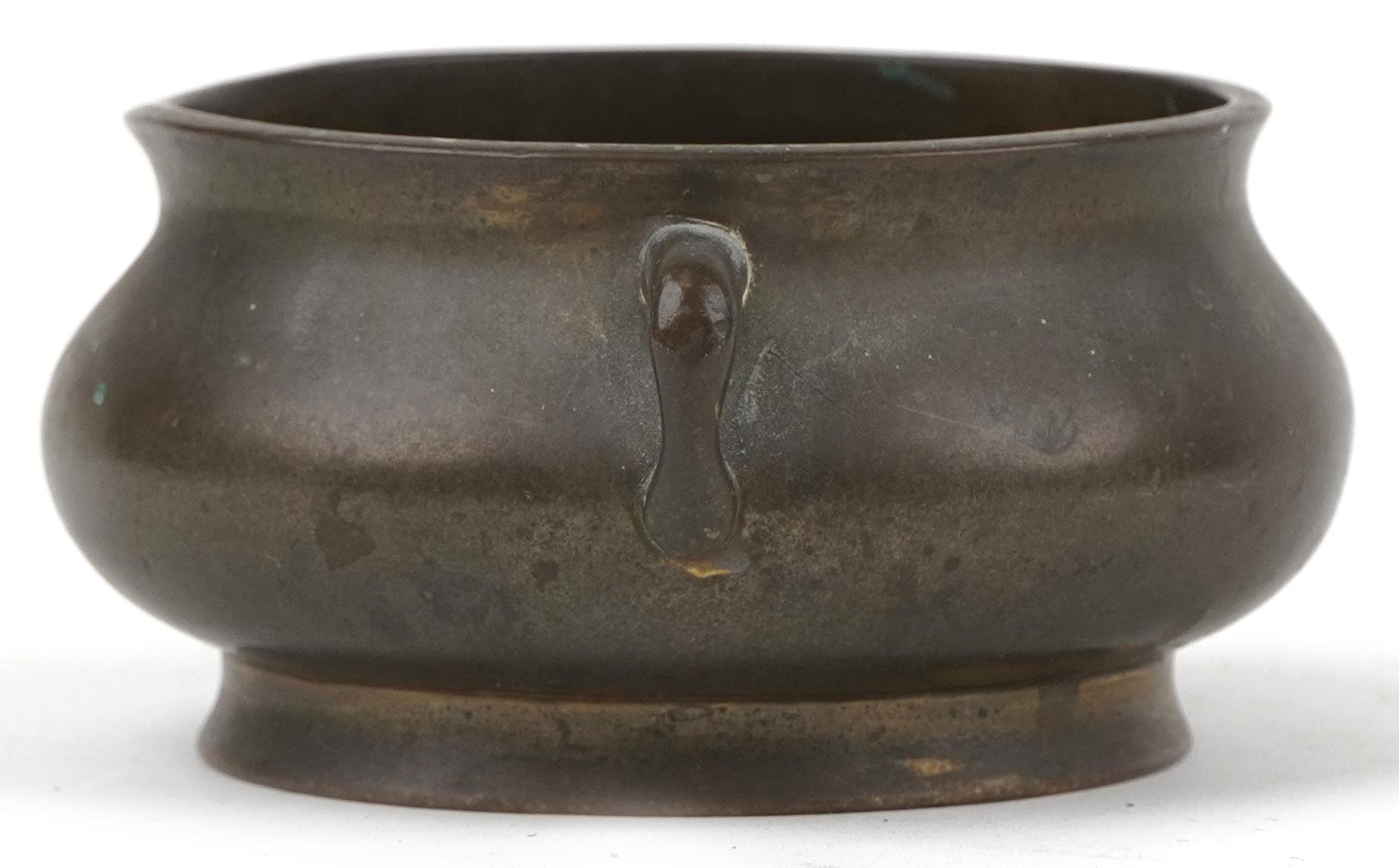 Chinese patinated bronze censer with twin handles, six figure character marks to the base, 12cm wide - Image 4 of 7