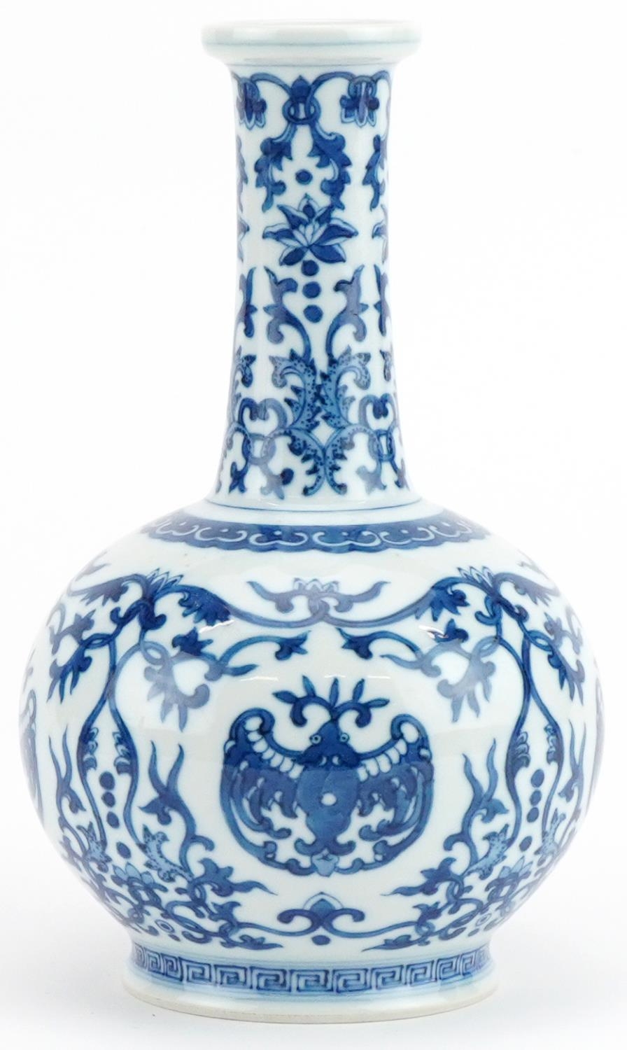 Chinese blue and white porcelain vase hand painted with stylised bats amongst scrolling foliage, six - Image 4 of 7