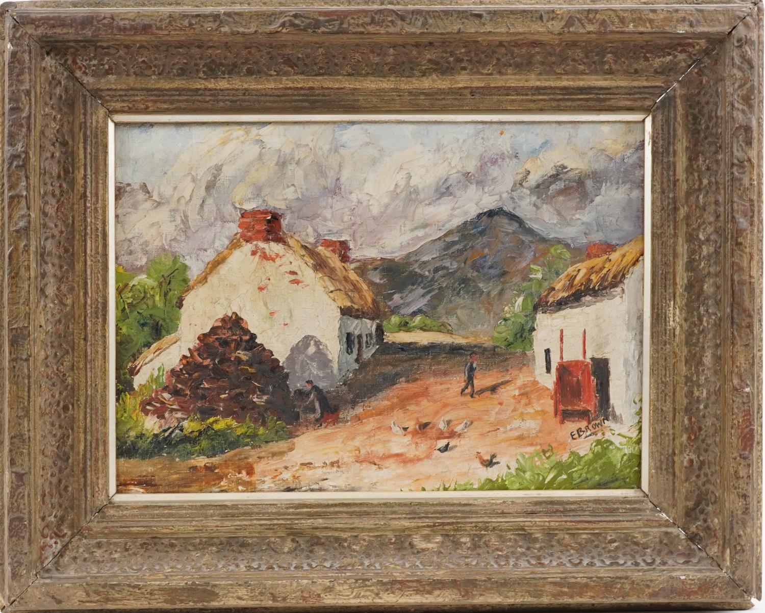 E Brown - Cottages before mountains, Irish school oil on board, mounted and framed, 34cm x 24cm - Image 2 of 5