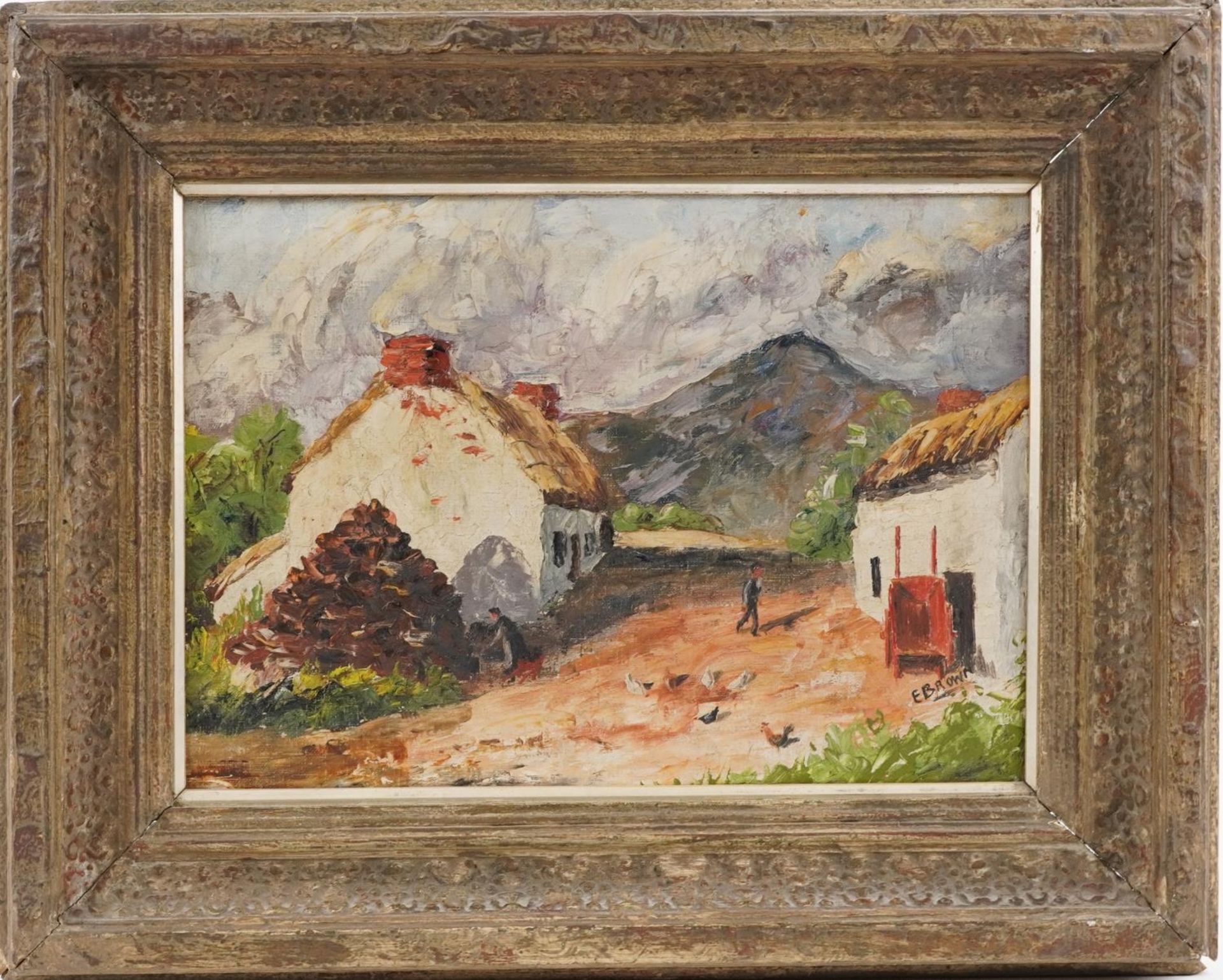 E Brown - Cottages before mountains, Irish school oil on board, mounted and framed, 34cm x 24cm - Bild 2 aus 5