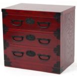 Chinese cherry wood type three drawer chest with cast black metal mounts, 57cm H x 60cm W x 40.5cm D