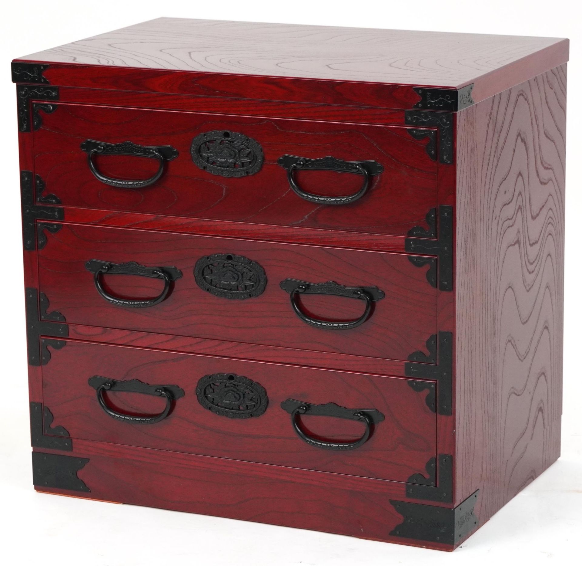 Chinese cherry wood type three drawer chest with cast black metal mounts, 57cm H x 60cm W x 40.5cm D