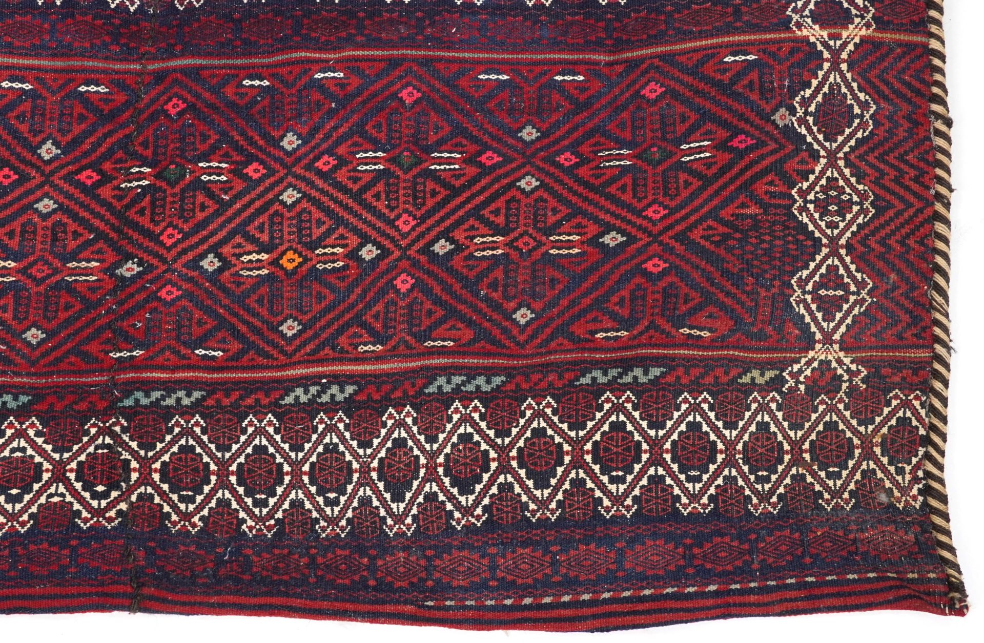 Rectangular Afghan red ground saddle bag having an allover repeat design, 150cm x 80cm - Image 5 of 7