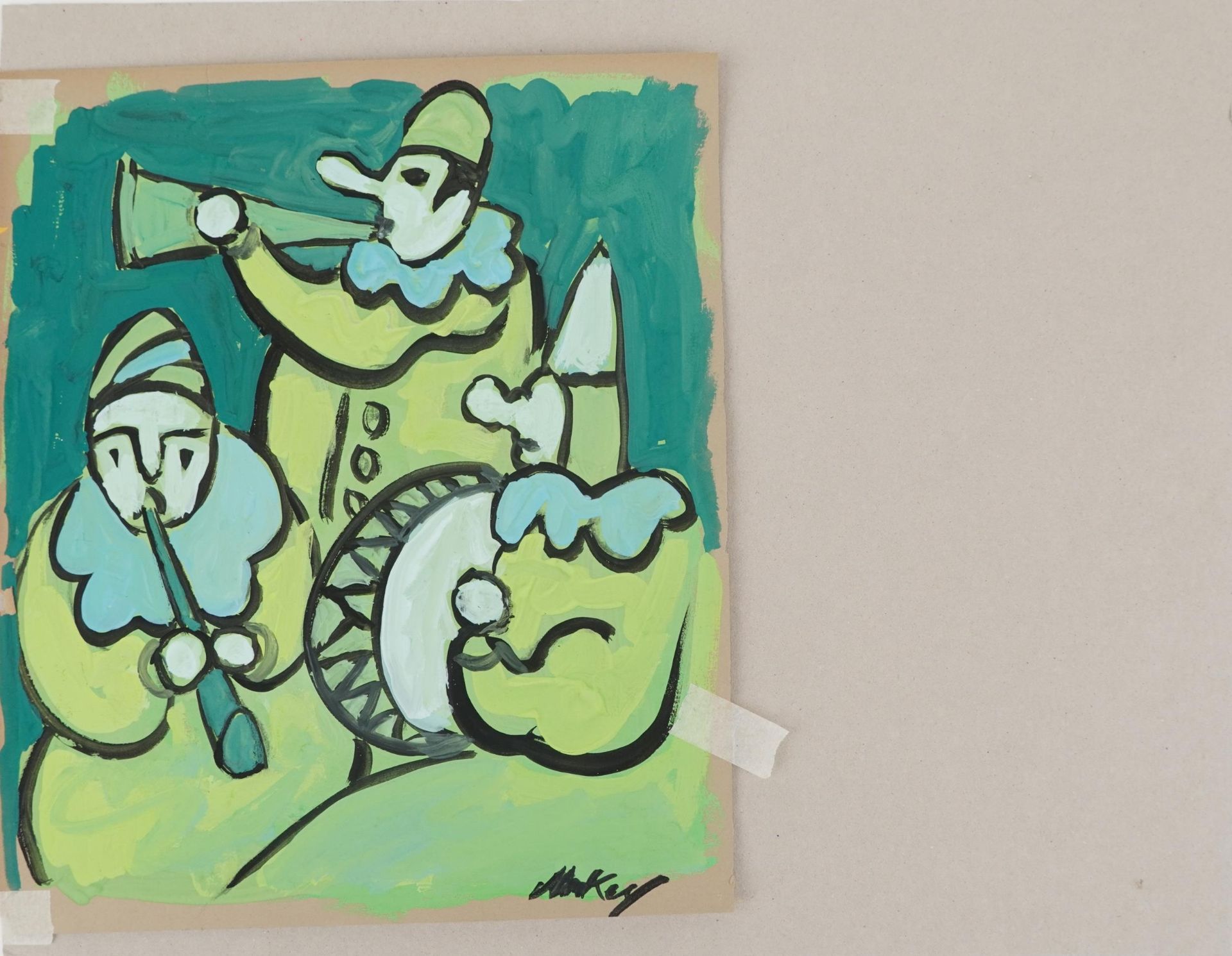 Manner of Markey Robinson - Three Pierrot musicians, Irish school gouache on card, unframed, 38cm - Bild 2 aus 4