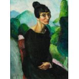 Portrait of a female wearing a black dress before a landscape, continental school oil on board,