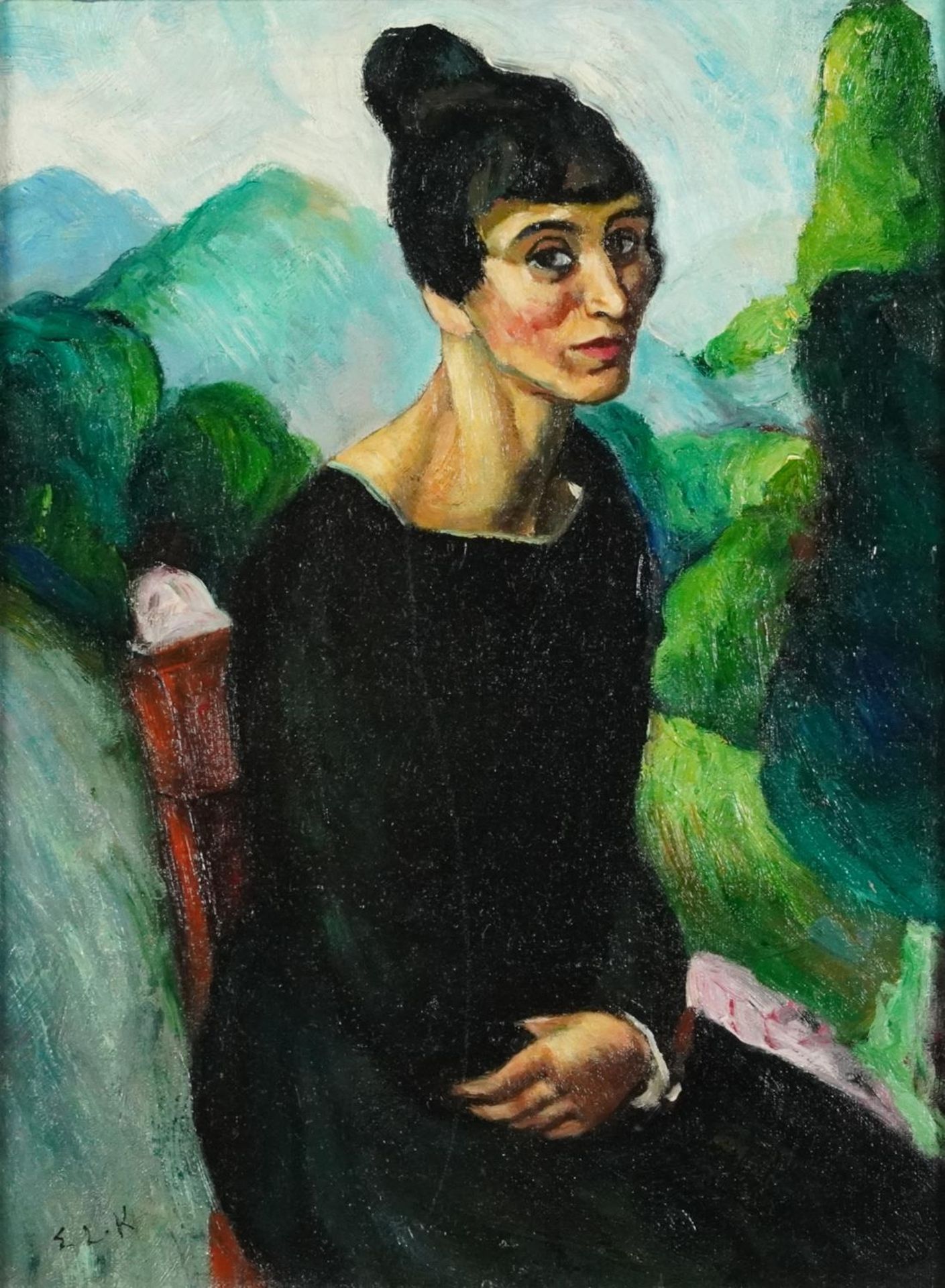 Portrait of a female wearing a black dress before a landscape, continental school oil on board,