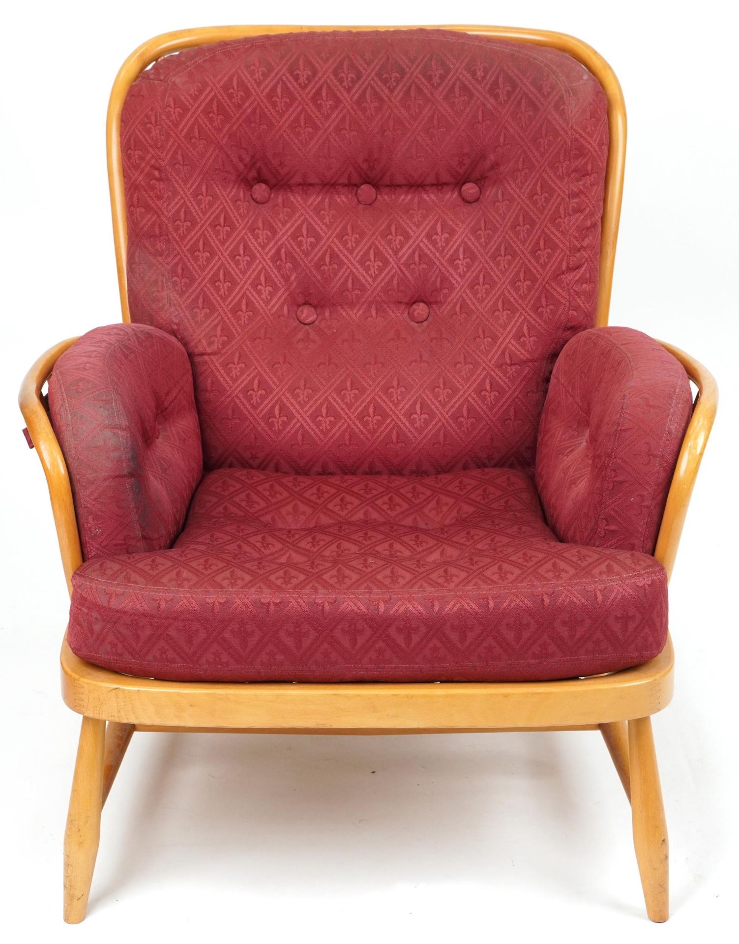 Ercol light elm Jubilee stick back armchair with red fleur de lis upholstered cushioned seats, - Bild 2 aus 7