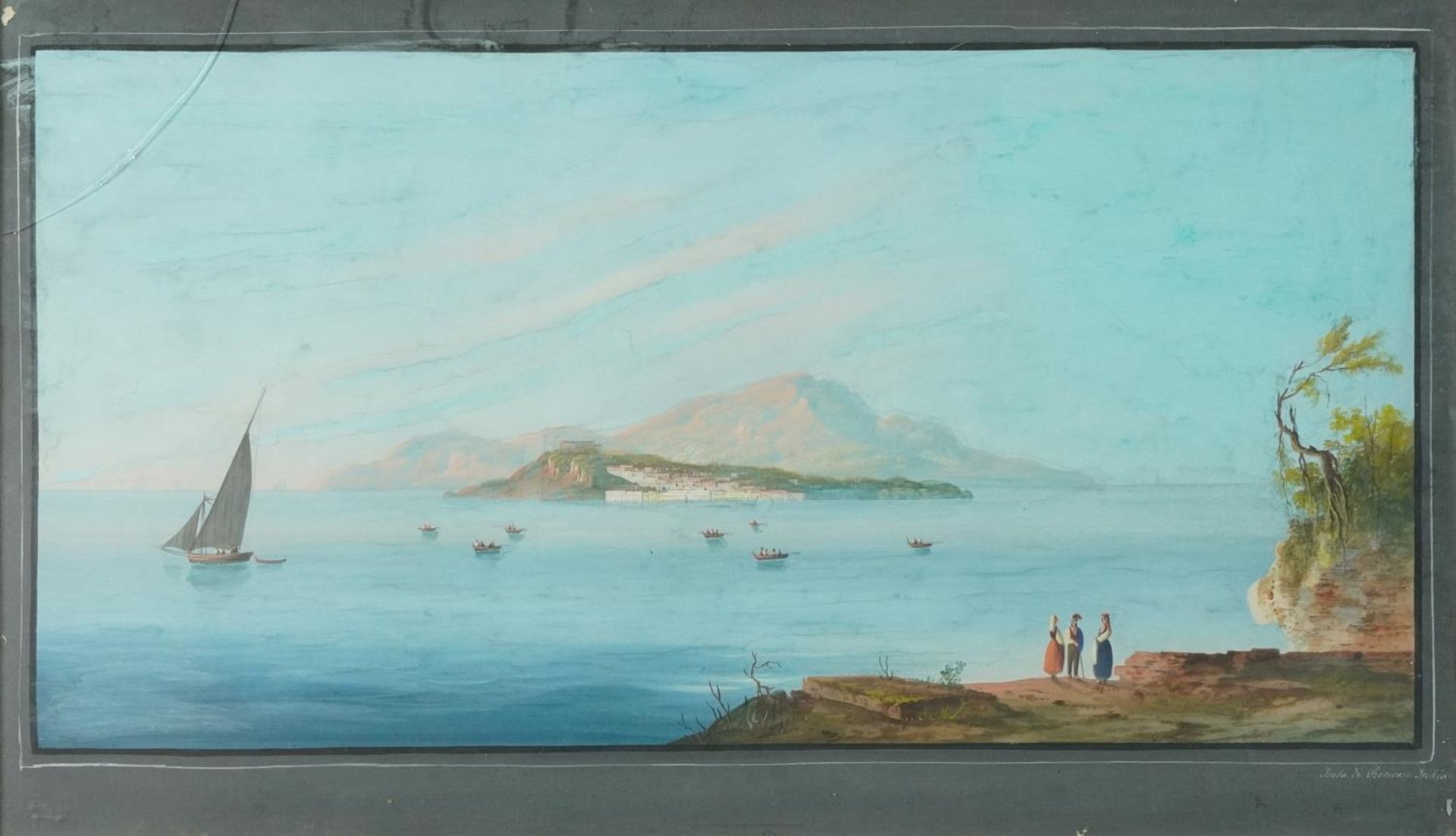 Island of Ischia, 19th century Italian school gouache, mounted, framed and glazed, 83cm x 42.5cm