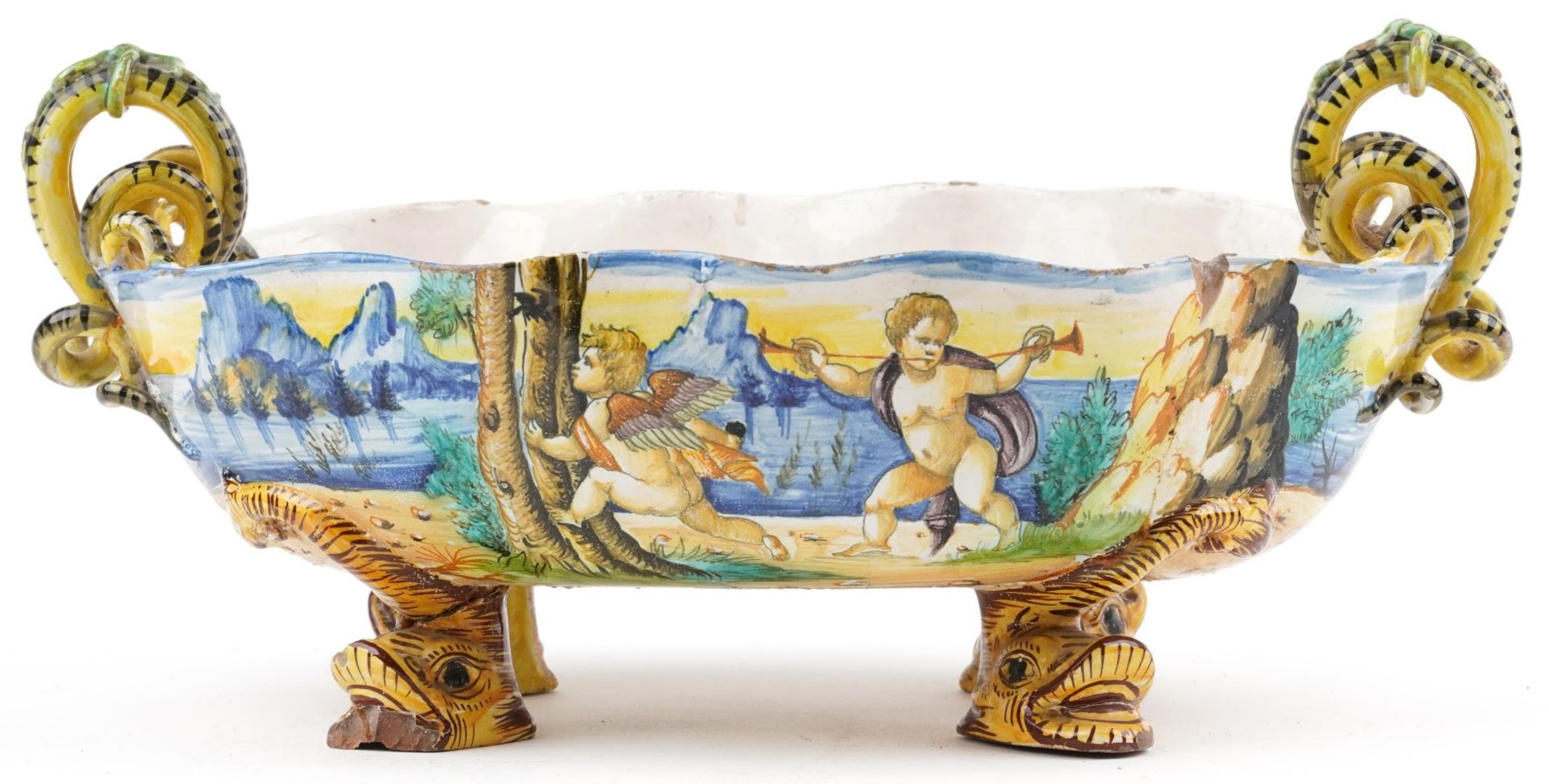 Ulisse Cantagalli, 19th century Italian Maiolica twin handled centre bowl with mythical fish
